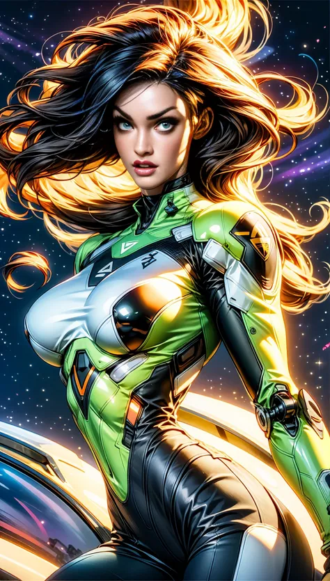 (1 girl), (megan fox:1.25), (skin tight cybernetic android mecha armor:1.25), (muscular female android:1.25), nijistyle, rfktr_technotrex, exploring planets, alien worlds, exotic locations, deep-space, unknown terrors, galactic nebulas, star studded cosmos...