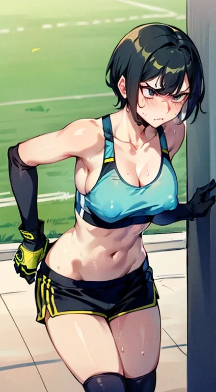 Photo of a asian female soccer player with saggy breasts, (((undressing))) in the middle of soccer field, 20yo, petite, slender body, tall body, fair skin, dimples, light, detailed face, embarrassed face, ((looking disgusted)), ((very angry)), (dissapointe...