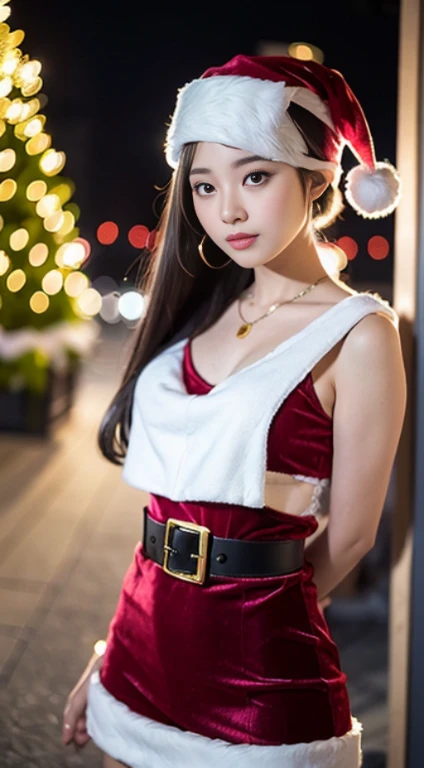 anatomically correct tre,a masterpiece of,high image quality,(cute santa claus outfit:1.5),(The material of the dress is good quality velvet.:1.4),(The white fur part of the outfit is mink fur.., Focus on fluffiness:1.4),20 age, Japanese Girls, (Random pos...