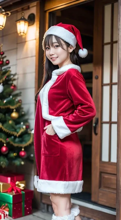 anatomically correct tre,a masterpiece of,high image quality,(cute santa claus outfit:1.5),(The material of the dress is good quality velvet.:1.4),(The white fur part of the outfit is mink fur.., Focus on fluffiness:1.4),20 age, Japanese Girls, (Random pos...