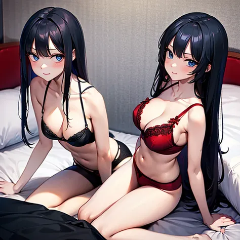 Black hair, blue eyes, sexy, big breast, red lingerie, red underwear, red bra, bed