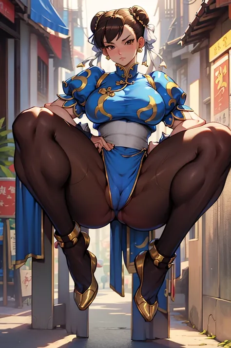 chun li, street fighter, belas coxas grossas, coxas sexys, , olhando para frente, belos olhos escuros, olhos detalhados, belo rosto, brown tights, botas brancas, sentada com as pernas cruzadas, numa floresta a noite