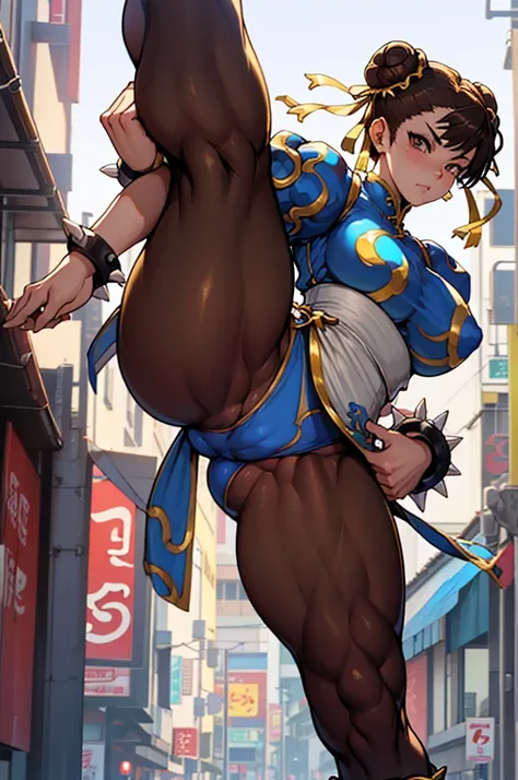 chun li, street fighter, belas coxas grossas, coxas sexys, , olhando para frente, belos olhos escuros, olhos detalhados, belo rosto, brown tights, botas brancas, sentada numa cadeiracom as pernas cruzadas, numa cidade chinesa de tarde