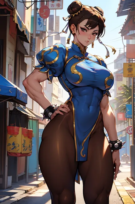 chun li, street fighter, belas coxas grossas, coxas sexys, , olhando para frente, belos olhos escuros, olhos detalhados, belo rosto, brown tights, botas brancas, sentada numa cadeiracom as pernas cruzadas, numa cidade chinesa de tarde