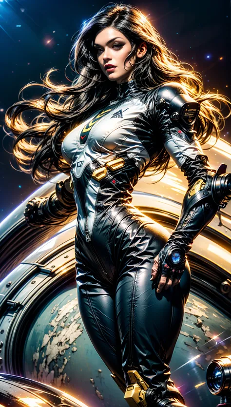 (1 girl), (megan fox:1.25), (skin tight cybernetic android mecha armor:1.25), (muscular female android:1.25), nijistyle, rfktr_technotrex, exploring planets, alien worlds, exotic locations, deep-space, unknown terrors, galactic nebulas, star studded cosmos...