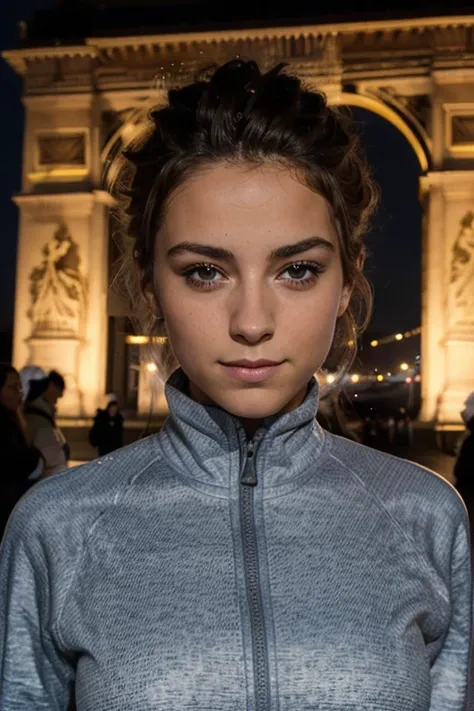 Femme arafed dans un survêtement Adidas, devant larc de triomphe, brune, souriante , visage et corps attrayants, femme mignonne, Photo d’une belle femme, avec des cheveux brun foncé, femme magnifique, beau corps et visage détaillés, beau corps et visage, f...