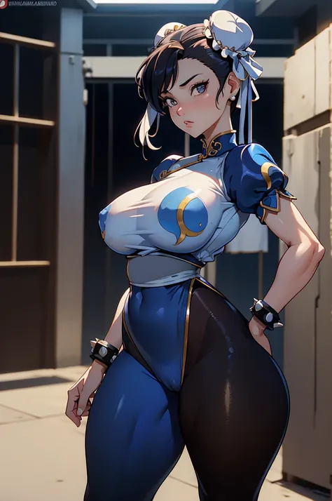 Chun-Li,linda jovem com uniforme azul classico, coxas grossas, belas coxas sexy,um pouco muscolosa, cabelo preso, black tights,cidade chinesa a tarde, Standing alone.solo, roupa azul, saia azul, olhar serio, belos olhos, belo rosto bem detalhado, olhos e s...