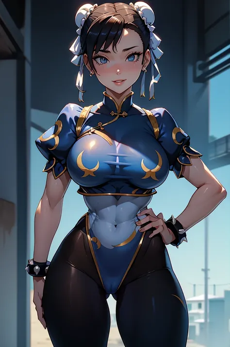 Chun-Li,linda jovem com uniforme azul classico, coxas grossas, belas coxas sexy,um pouco muscolosa, cabelo preso, black tights,cidade chinesa a tarde, Standing alone.solo, roupa azul, saia azul, olhar serio, belos olhos, belo rosto bem detalhado, olhos e s...