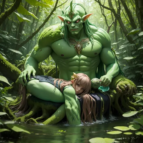 ((Best Quality)), ((Masterpiece)), (Reality)) , earth_spirit, melting_heart, bigbadejo alien_monster,, whole body, a man and a woman, beauty and beast, sitting on the root of a tree, in the water there is a male beast with fierce and ferocious eyes snuggle...