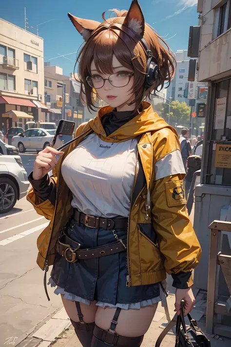 Anime Girl, Cowgirl costume, Colossal tits, Brown hair, perfectly proportions:1.3, ((Shorthair)), (eye glass:1.3), (hairstyle that doesn&#39;t show ears:1.4, Animal ears:1.6), Perfect Anatomy