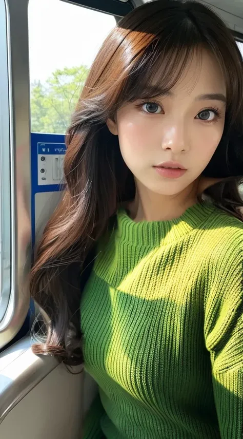 A woman wearing a deep green sweater dress、long-sleeve、the golden ratio