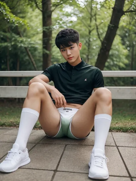 16 years old teenagers , very young , light-skin , wearing an dark green sexy underwear, tmasterpiece，k hd，the feet ，black long socks，The barefoot , green colour , handsome and cute , extreme cute boy , white skin , dark green underwear boxers shorts , ext...