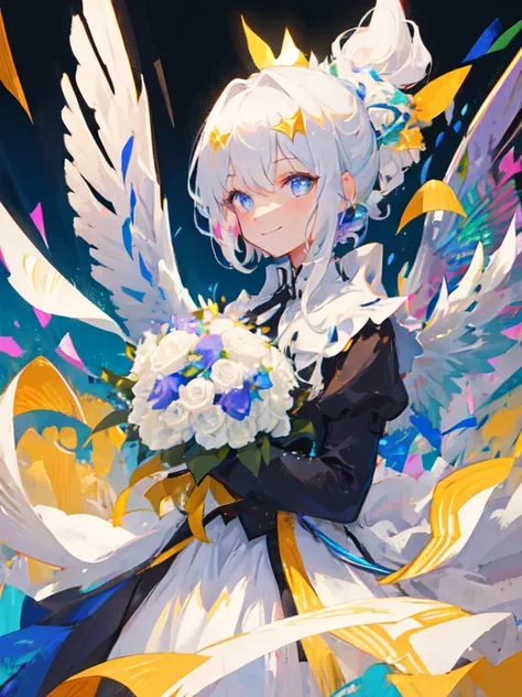 Girl, white colored hair, short cut , blue eyes, Beautiful eyes, Smile, Happy, whitedress, bouquet, holding with both hands, upper-body, on pastures, Golden Sky, (High contrast RGB angel wings), ((High contrast RGB effects, LED effects, kaleidoscope effect...