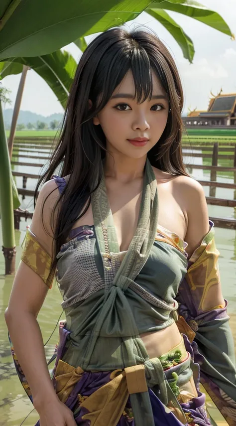 1girls, single, half body portrait, (((Thai sarong:1.4))), bathe, Thai rice field backdrop, Thai folk atmosphere, long-haired, looking at the audience, enormous breasts,