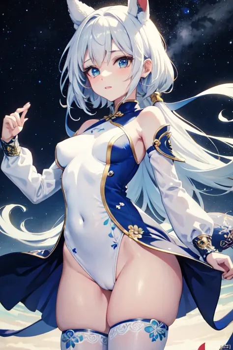 Chica anime, Pelo largo y blanco, Hermosos ojos uno azul y el otro rojo, Cara hermosa, Tight white qipao with blue floral motifs, con los pechos expuestos, pechos grandes., junto a la ventana por la noche con estrellas afuera, 8k, good anatomy, High resolu...