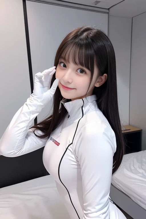 (Place your index finger on your chin, bend the index finger, Shiny rubber suit, gazing at viewer, Leaning forward, 1 girl, Looking at Viewer, from the front side, facing straight at viewer, white clothes, White Gloves, futuristic spacesuit, Inside the spa...