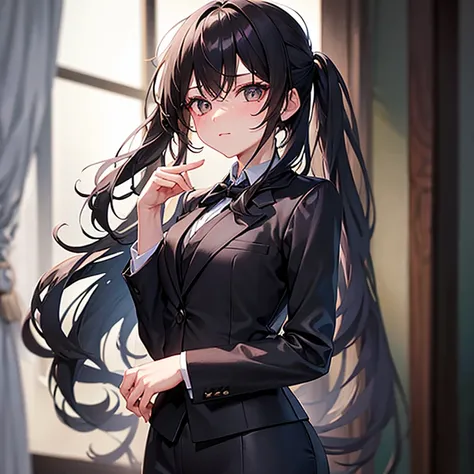 1girl, long black hair, grey eyes, wearing business suit, looking at viewer, 5 fingers, black tie