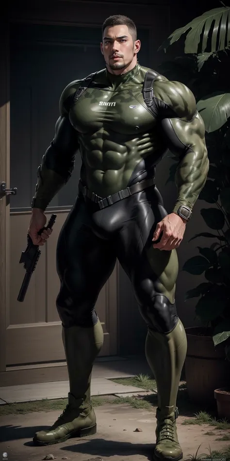 A tall, giant, muscular man with his mouth open and screaming.，Khaki camouflage uniform，character  design（Resident Evil - Chris Redfield，Chris Redfield）Buzz Cut，Wearing a khaki camouflage wetsuit，Frosted grain texture，Regular symmetrical texture pattern，St...