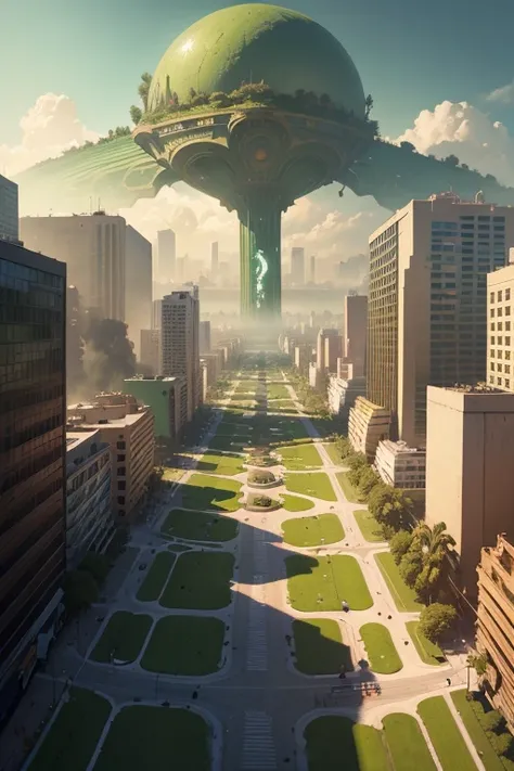 a green fire hydrant in the middle of a city, a matte painting, by Ignacio Zuloaga, destruction around her, green snakes, flattened, the last day on earth