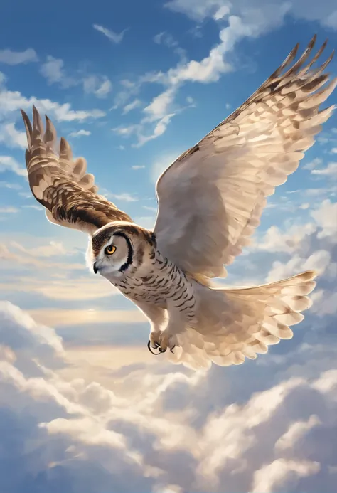 close-up of an owl and a swallow,  walking on the clouds, fluffy clouds, shaggy clouds, casimir art, shigenori soejima illustration, boris valejo. Owl traveler, detailed anime character art, detailed key anime art, Granblue Fantasy, Beautiful owl and swall...