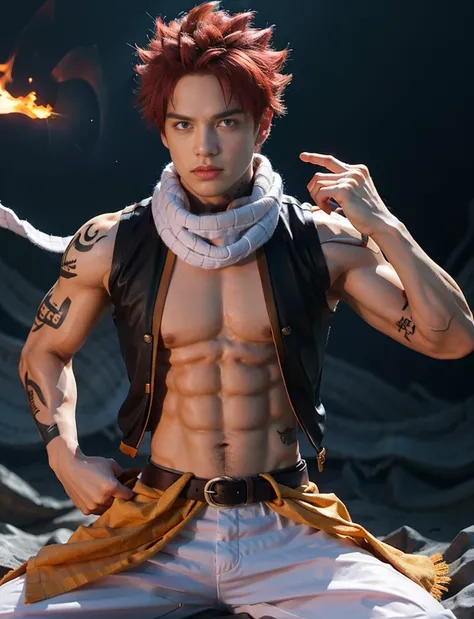 scarf, 1boy, male focus, abs, fire, solo, tattoo, white scarf, belt, navel, pants, closed mouth, muscular, red hair, spiked hair, looking at viewer, open clothes, vest, black background, cowboy shot, serious, sanpaku, pectorals, sleeveless, wristband, whit...