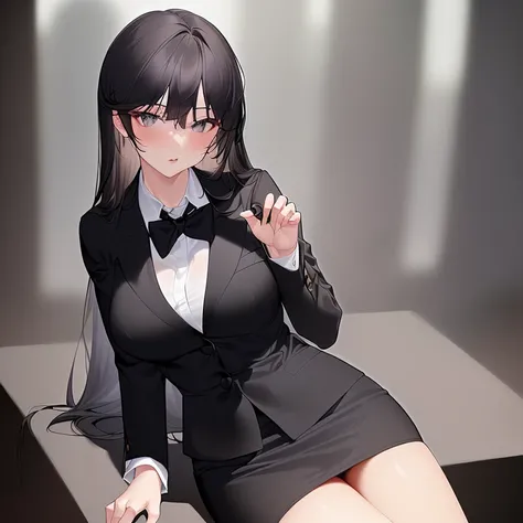 1girl, long black hair, grey eyes, wearing business suit, looking at viewer, 5 fingers, black tie