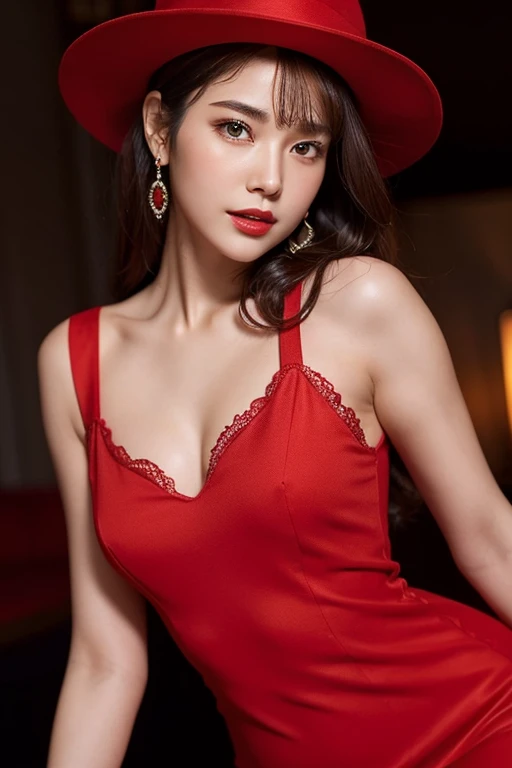 Ultra-realistic capture, Highly detailed,. Skin texture must be natural,Take a photo wearing Red dress and hat, wearing red dress,Upper arms exposed