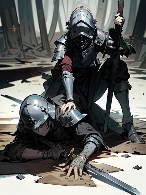 (Dark art), (hopeless art), dark anime medieval soldier, broken soldier, holey helmet, black wounds, crashed armor, closed clothing, broken sword, sword broken in half, ash, abandoned battlefield, highly detailed art