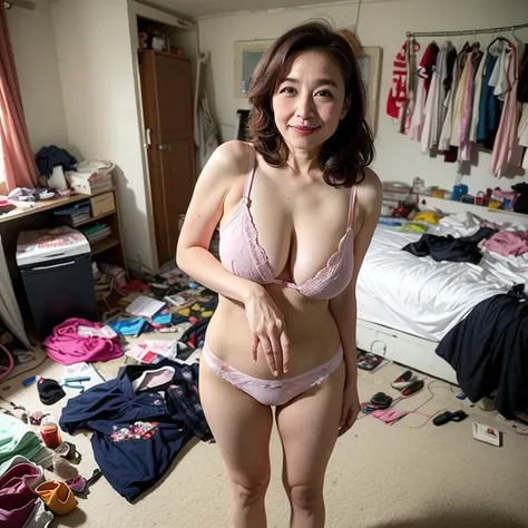 (Top image quality、top-quality、Top resolution、ultra-detailliert、​masterpiece)、A MILF、Colossal tits、(lean body:1.3)、Messy wavy hair、A smile、Wrinkles at the corners of the eyes、The face is clean、(Stand alone&#39;body is leaning:1.2)、Slum house、(Messy room:1....