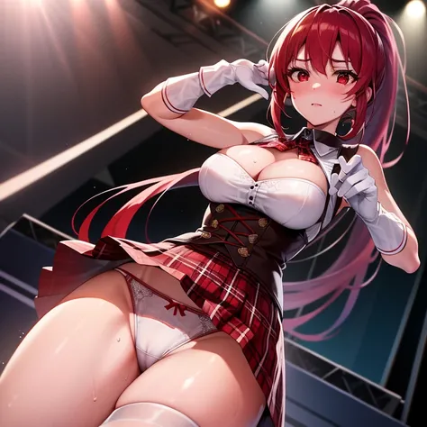 solo, top quality, masterpiece, detailed background, very complex and detailed face, long eyelashes, detailed eyes, (high ponytail: 1.3), (red eyes: 1.ink hair and white mesh: 1.2), large cleavage, slim, red collar, skirt, tartan check, sweat, on stage, em...