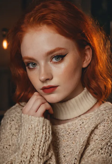 raw photo, (18yo redhead girl:1.2), makeup, graphic eyeliner, rouge, (choker:0.9), realistic skin texture, oversize knit sweater, (red:0.8), softcore, warm lighting, cosy atmosphere, instagram style