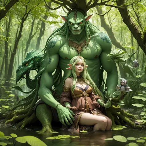 ((Best Quality)), ((Masterpiece)), (Reality)) , earth_spirit, melting_heart, bigbadejo alien_monster,, whole body, a man and a woman, beauty and beast, sitting on the root of a tree, in the water there is a male beast with fierce and ferocious eyes snuggle...