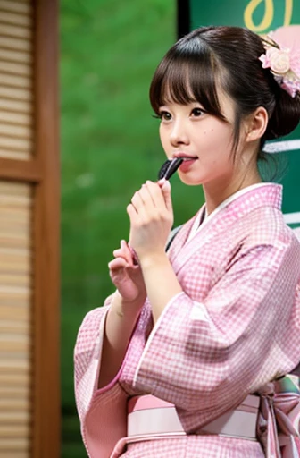 masutepiece, Best Quality, High resolution, venus1,1girl in, Solo, Tsuko Kamato, Bamboo, Brown hair, (((Pink ribbon)) Checkered belt, gag, gag, Gradient Hair, haori, komono, Kimono, Long hair, gaze at the audience, Pink eyes, pink Kimono, Pink ribbon, Solo...