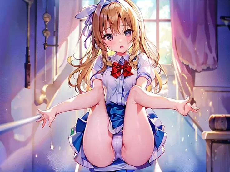 A 12 year old girl with a cute Alice in Wonderland blonde wavy headband sits naked with her legs spread wide showing her ass, anus, pussy and small nipples.。I dont wear any underwear。A pose where you can be seen from below。are small。Pose that shows your an...