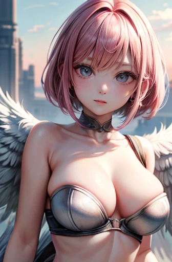 (best quality, 4k, 8k, highres, masterpiece:1.2), Pink Hair、Shorthair、breasts are beautiful and big。you are a brave warrior。wears steel armor。fighting with a sword。Grow wings and fly in the sky。