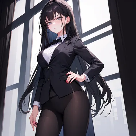 1girl, long black hair, grey eyes, wearing business suit, looking at viewer, 5 fingers, black tie