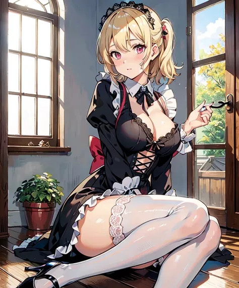 (masutepiece, Best Quality), (1girl in, Solo), Beautiful Girl, French maid costume, Bigchest, Indoors, Black heels, (Detailed beautiful eyes) Lace, Blonde hair, Pink, hand on her chest, Blushing, Cowboy Shot