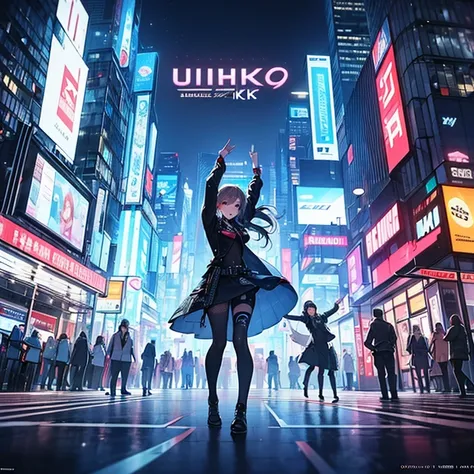 The crowd dancing on the square, cyberpunk city, (best composition), ultra-wide-angle, enhance, intricate, (best quality, masterpiece, Representative work, official art, Professional, unity 8k wallpaper:1.3)