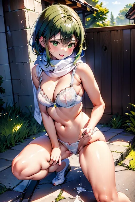 （Shino Asada -SAO-GGO-）、Green hair、Big Bullet、（open the chest of clothes）、Green outerwear、knee sox、garterbelts、fingerless gloves、scarf、Sexy lingerie、white lace bra、White lace panties、teats、The fabric of the clothes is thin and the skin is transparent、top-q...