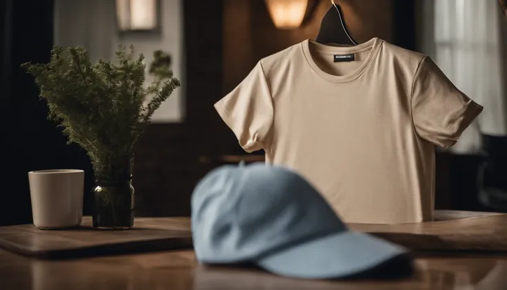 a lifestyle shot of a blank t-shirt mockup, with a hanger or folded neatly, placed against a stylish backdrop, emphasizing the versatility for personalization and branding