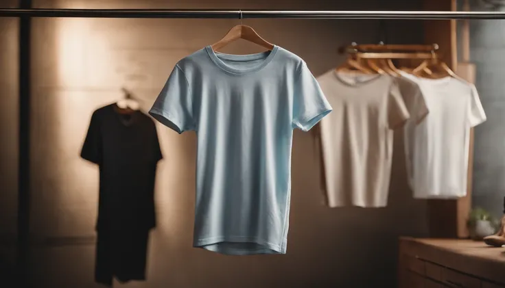 a lifestyle shot of a blank t-shirt mockup, with a hanger or folded neatly, placed against a stylish backdrop, emphasizing the versatility for personalization and branding