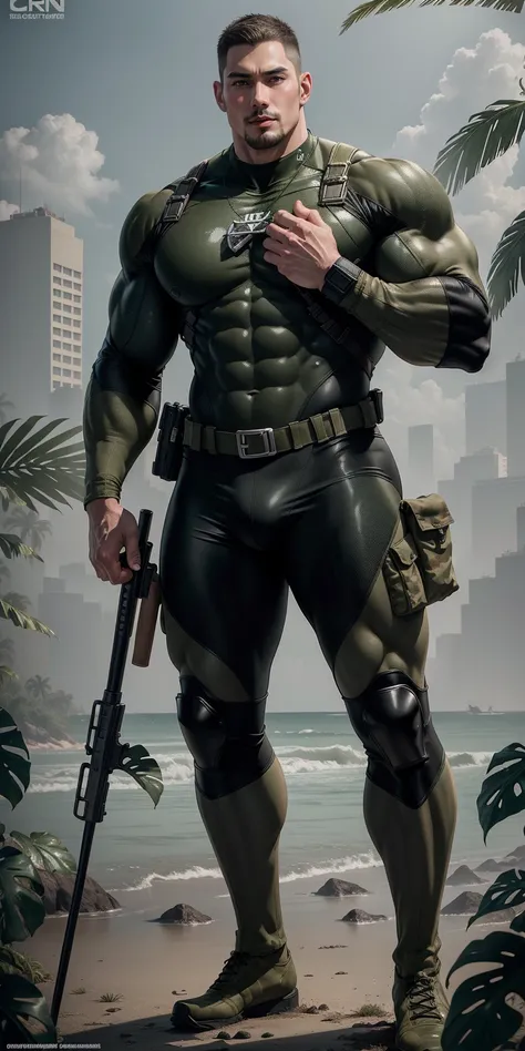 A tall, giant, muscular man with his mouth open and screaming.，Khaki camouflage uniform，character  design（Resident Evil - Chris Redfield，Chris Redfield）Buzz Cut，Wearing a khaki camouflage wetsuit，Frosted grain texture，Regular symmetrical texture pattern，St...