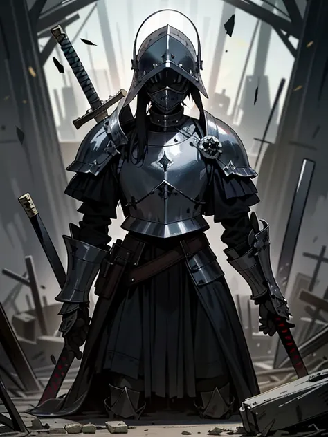 (Dark art), (hopeless art), dark anime medieval soldier, broken soldier, holey helmet, black wounds, crashed armor, closed clothing, broken sword, sword broken in half, ash, abandoned battlefield, highly detailed art