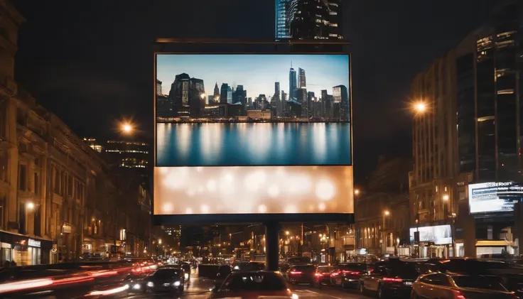 a dynamic shot of a blank billboard mockup in a bustling cityscape, with vibrant lights and busy streets, symbolizing the advertising and marketing opportunities