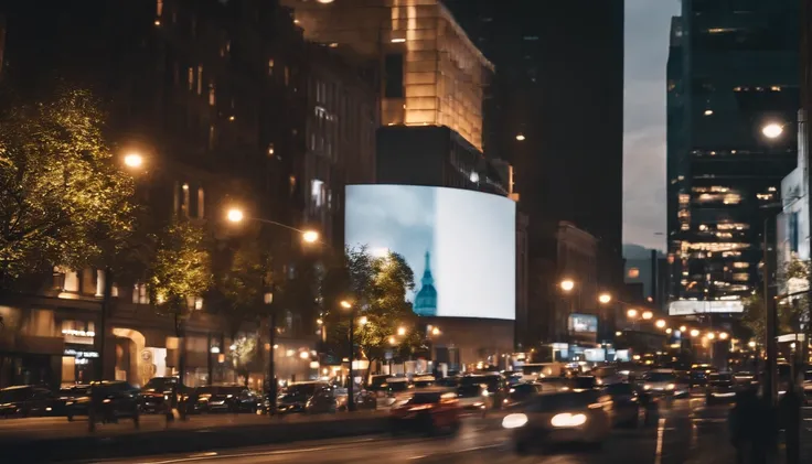 a dynamic shot of a blank billboard mockup in a bustling cityscape, with vibrant lights and busy streets, symbolizing the advertising and marketing opportunities