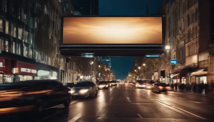 a dynamic shot of a blank billboard mockup in a bustling cityscape, with vibrant lights and busy streets, symbolizing the advertising and marketing opportunities