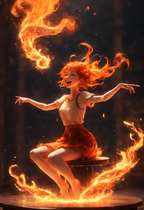 Step into a captivating scene featuring an Laughing girl seated on a floating platform, as vibrant fire particles ignite the air around her, creating a dazzling and dynamic atmosphere. The creative lighting style bathes her in a radiant, fiery glow, harmon...