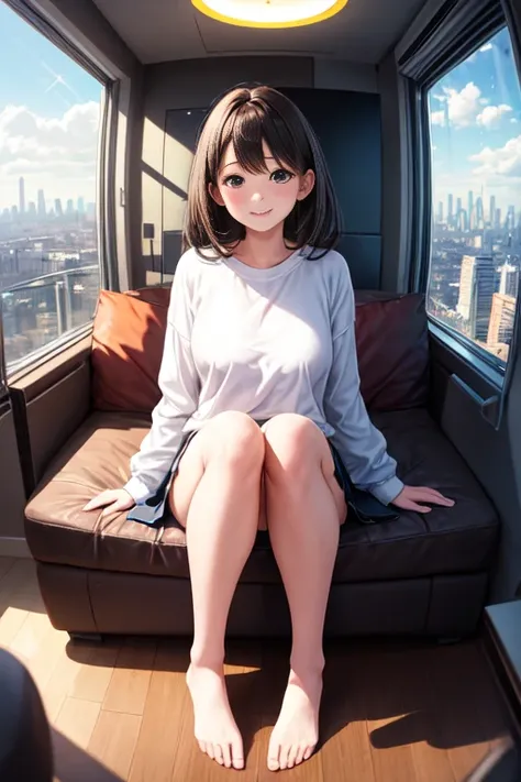 A delicate girl，High-rise miniskirt，（（Highest high resolution））（（Best quality at best）），view over city，rays of sunshine，Indoors，legs separated，（（Pubic hair shows through））