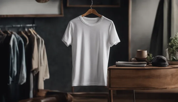 a lifestyle shot of a blank t-shirt mockup, with a hanger or folded neatly, placed against a stylish backdrop, emphasizing the versatility for personalization and branding