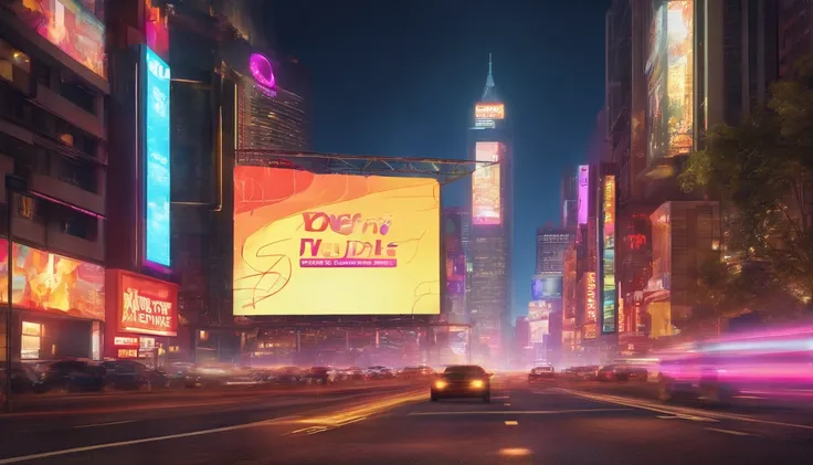 a dynamic shot of a blank billboard mockup in a bustling cityscape, with vibrant lights and busy streets, symbolizing the advertising and marketing opportunities